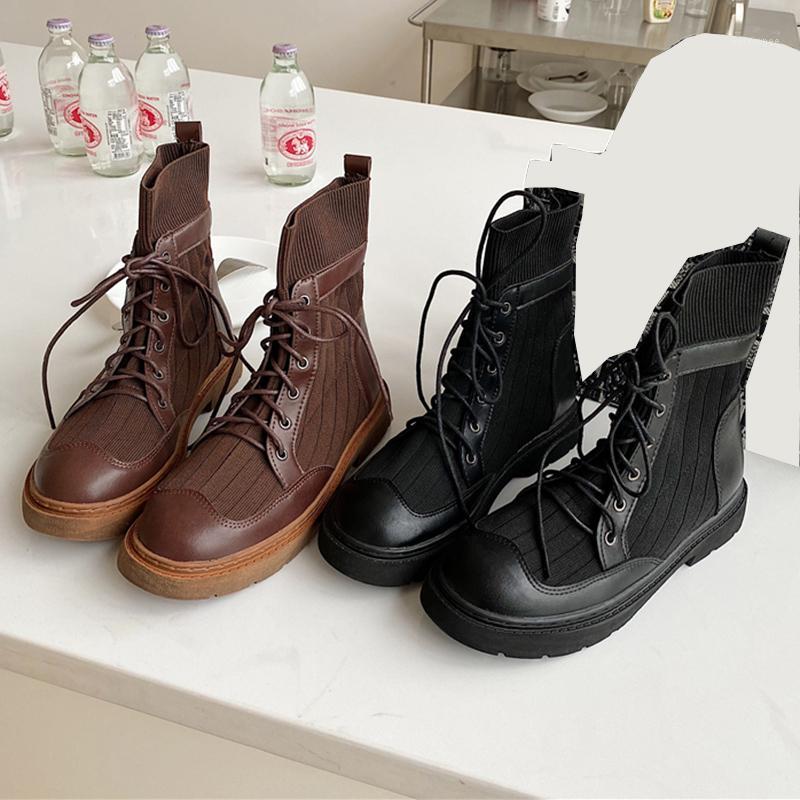 

2020 Winter Trending Women Round Toe Ankle Boots Tie Up Leather Black Boots Square High Heels Short Ladies Shoes1