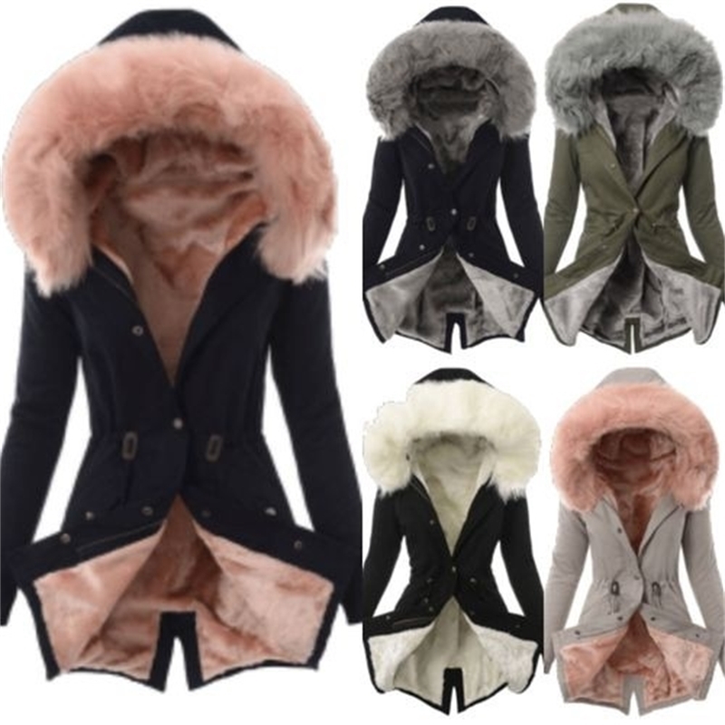 

Women Parkas Winter Coats Hooded Thick Cotton Fur Collar Warm Female Jacket Fashion Mid Long Wadded Waist design Outwear D20 201127, Black and white