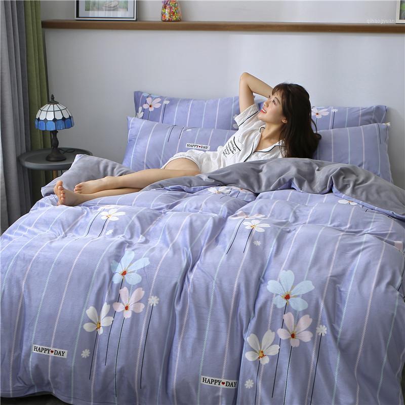 

Fitted Bedclothes Flannel Bedding Set 4Pcs Duvet Cover Pillow case Winter Warm Fleece Fabric Velvet Flower Mocha Home Textile1