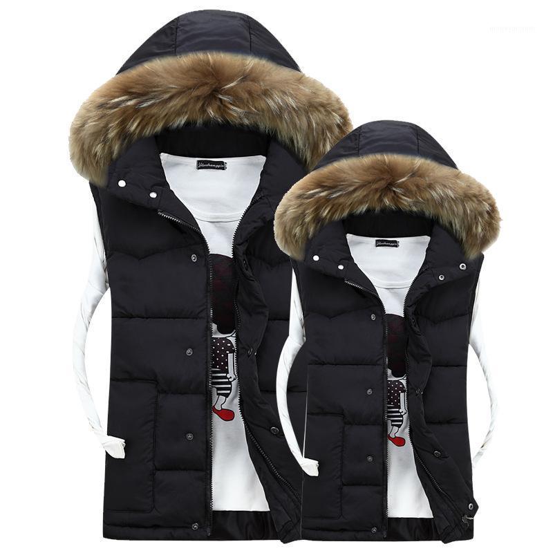 

Men' casual big fur collar couple wear winter warm thick down cotton vest1, Beige