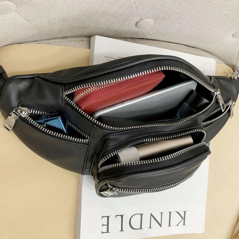 

Unisex PU Leather Waist Bags Chain Black Solid Fanny Pack Travel Belt Purse Shoulder Bags Tote Men Women Waist Bag1