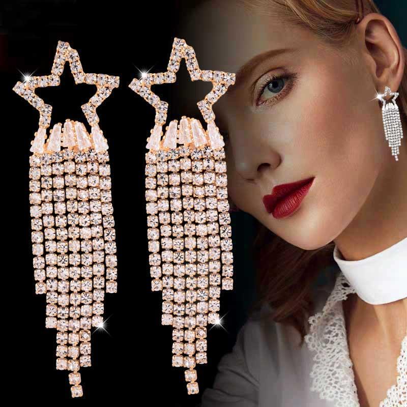 

Dangle & Chandelier SINLEERY Sparkling Hollow Star Tassel Drop Earrings Yellow Gold Silver Color Full Crystal For Women Jewelry ES497 SSA