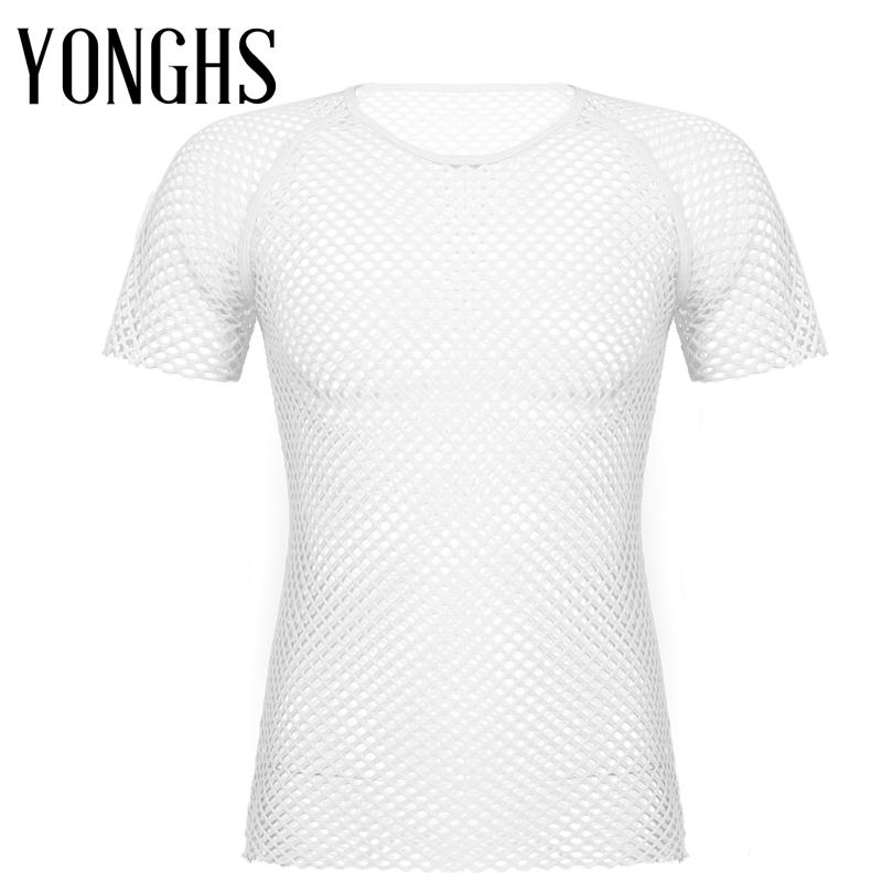 

Mens See-through Hollow Out Fishnet Shirt Round Neck Short Sleeve Tops Sexy Nightwear Clubwear Bar Stage Performance Costume, Black