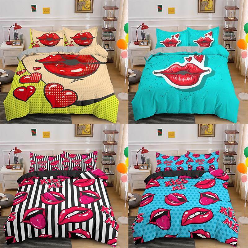 

Sexy Red Lips Bedding Set Soft Microfiber Duvet Cover Sets Quilt Comforter Covers With Pillowcase Singe Double Size Bedclothes, Bss1556