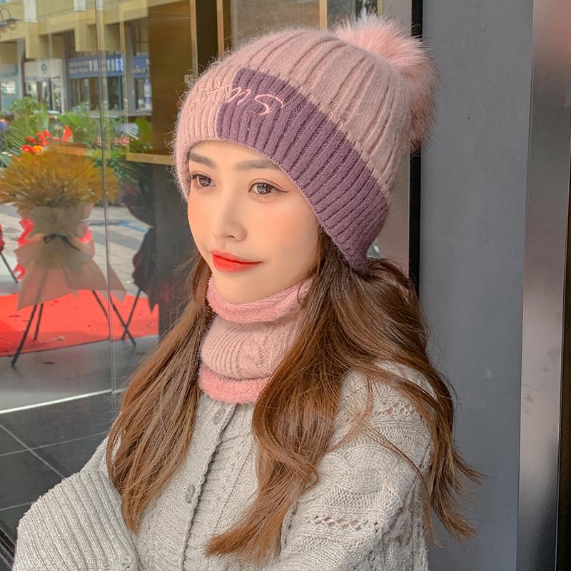 

Autumn Winter Knitted Beanie Hat Thick Plush Warm Earflap Caps With Scarf Ring Women Casual Street Windproof Sweet Skullies Hats, Black grey