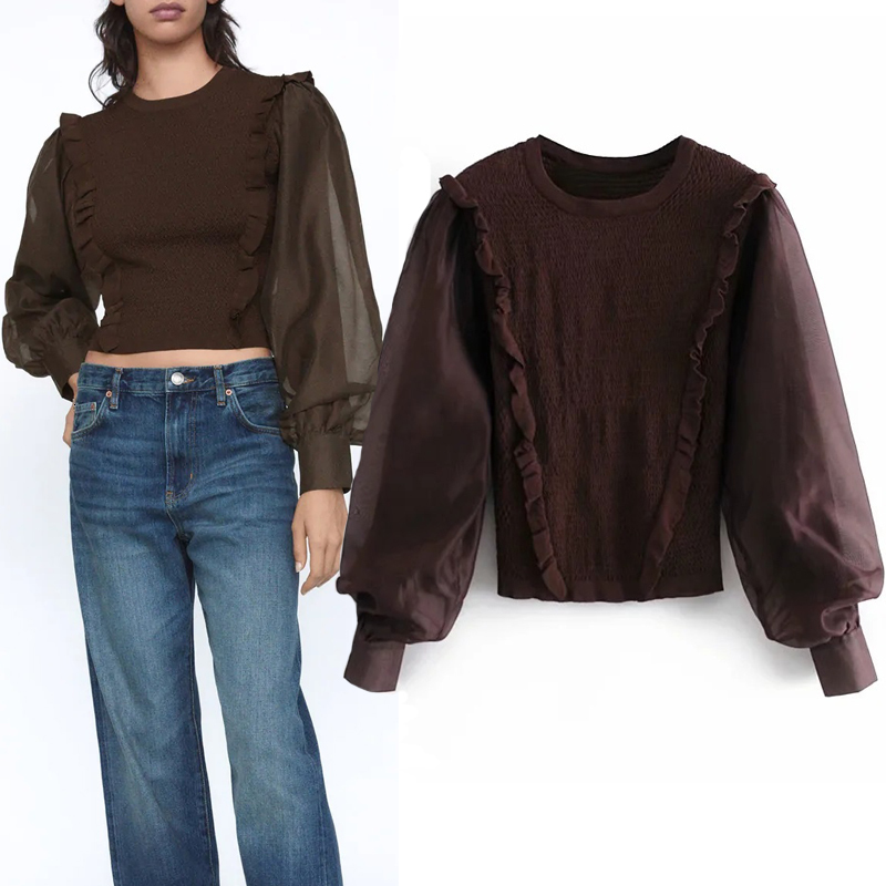 

2021 New Top Contrast Matching Organza Patchwork Cropped Knitted Sweater Women Autumn Vintage Long Puff Sleeve Ruffle Blouse Oawk, Brown
