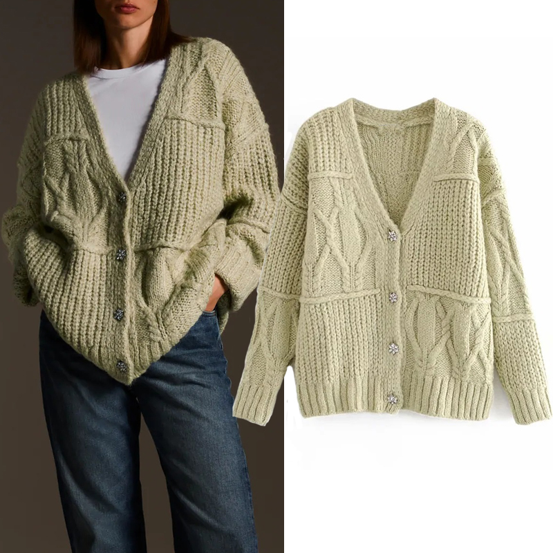 

2021 New Patchwork Green Knitted Women Winter Sweater Woman Vintage v Neck Long Sleeve Casual Ladies Cardigan Top 8o4k