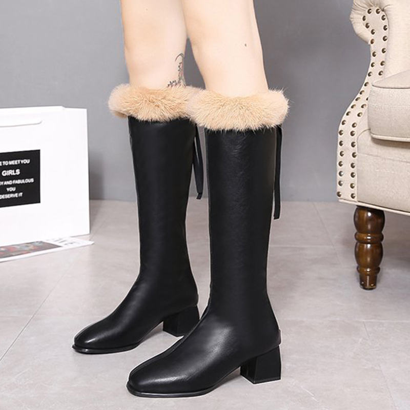 

Lucyever hot skin fake leather from the plutonium knee high fashion female square toe heels thick women's boots dwaterproof, Beige