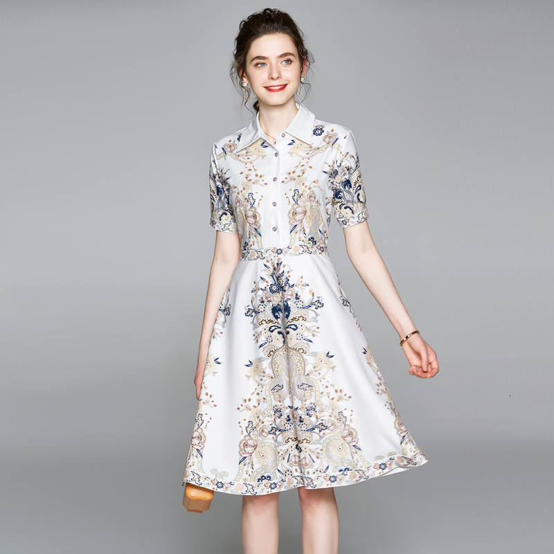 

2021 New Merchall Summer Runway Designer Elegant Casual Women's Turn Down Neck Short Sleeve Printed Vestidos G1md, White