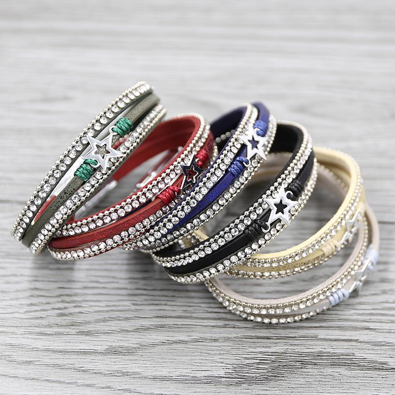 

STRATHSPEY vintage star bracelet for women black green color leather bracelets rhinestone chain bangle punk jewelry 2020