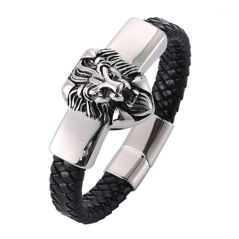 

Punk Men Leather Bracelets Jewelry Leather Braided Bracelet Stainless Steel Magnetic Buckle Lion Bracelet Fashion Bangles PW8141