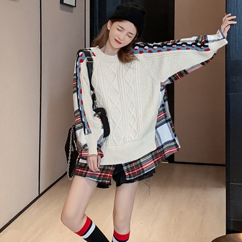 

[EWQ] Autumn Winter Clothes Woman Plus Size Long Sweater Coat Contrast Color Long-sleeved Plaid Ladies Warm Pullover Knit 201204, Navy