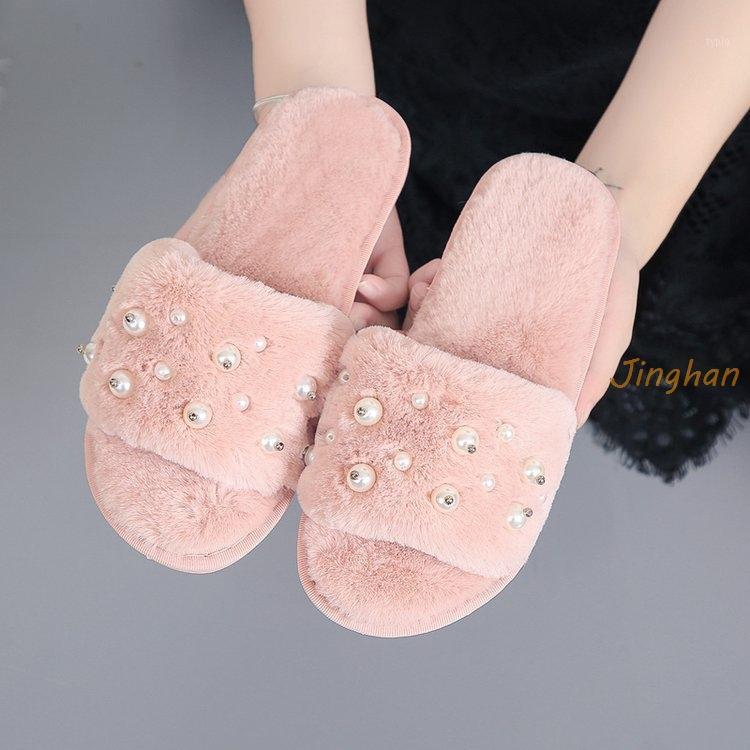 

Autumn Winter New Flat Bottom Woolen Slippers Fashion Pearl Non-slip Thermal Household Cotton Slippers Women's Comfout Shoes1, Black