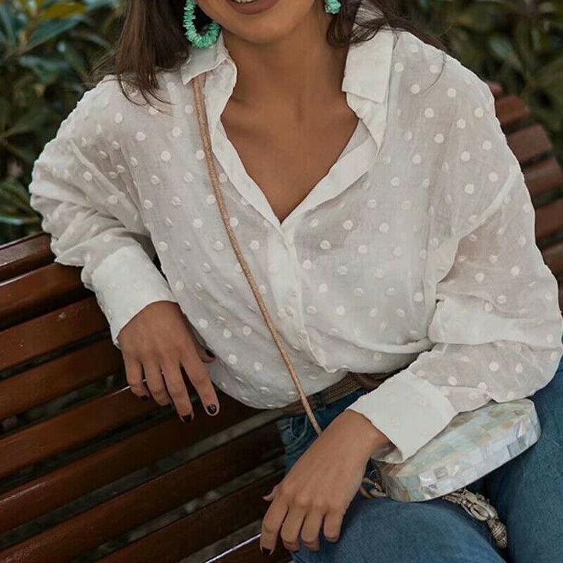 

Hirigin Fashion Womens Tops and Blouses Elegant Long Sleeve White Shirt Ladies Polka Dot chemise femme Work Blouse Streetwear, Beige