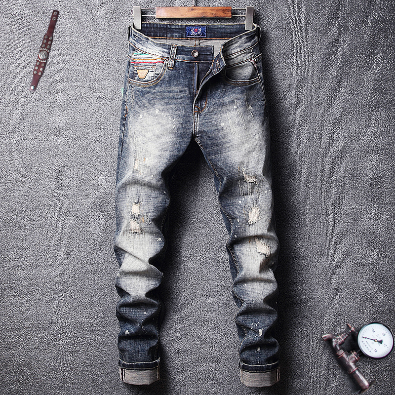 

2021 New Italian Vintage Designer High Quality Slim Fit Ripped Men Painted Retro Wash Fashion Elastic Hip Hop Homme Tkv1, Retro color