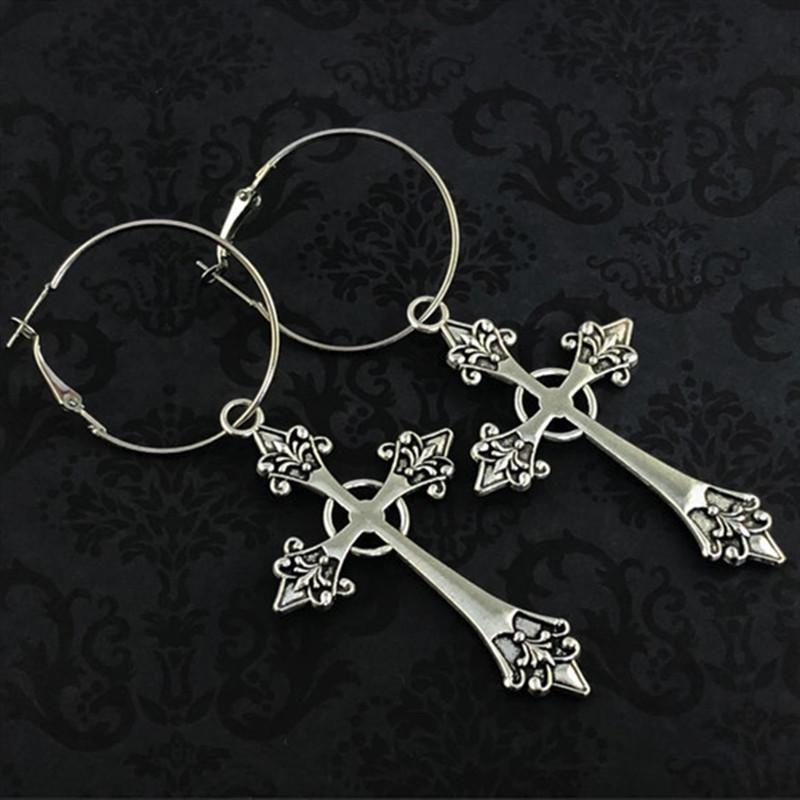 

Cross Gothic Hoop Earrings Large silver colour Statement Trad Goth Jewelry fashion delicacy 2020 new women gift girlfriend