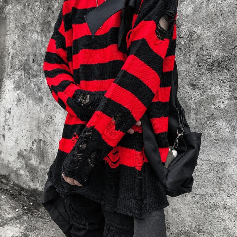 

Black Red Striped Sweaters Washed Destroyed Ripped Sweater Men Hole Knit Jumpers Men Women Oversized Sweater Harajuku