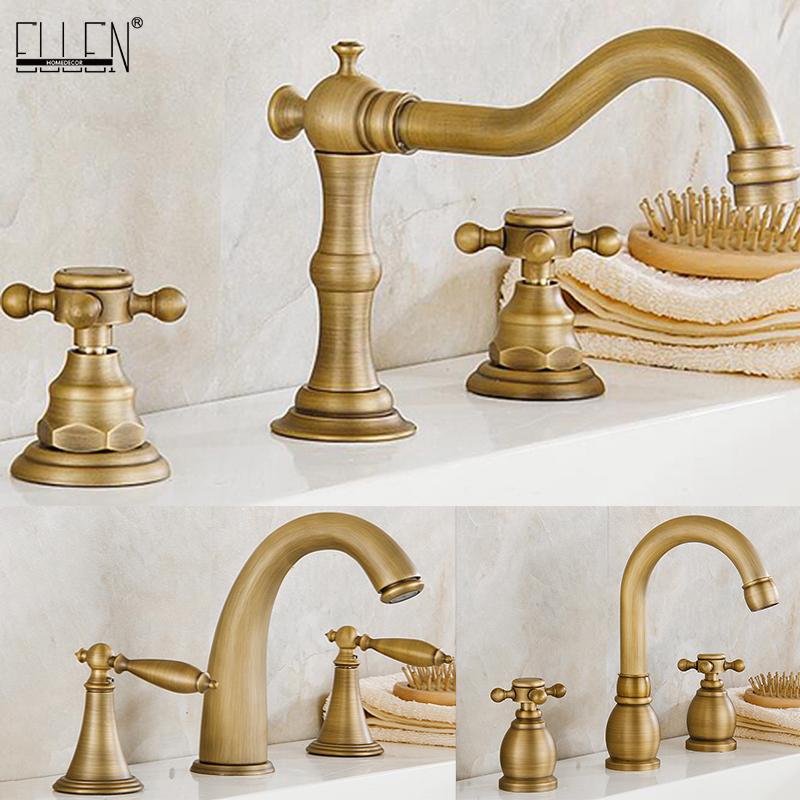 

ELLEN Antique Bronze Bath Sink Faucet Double Handle Basin Sink Faucet Hot and Cold Water Mixer 3 Hole Bathroom ELF8001-3