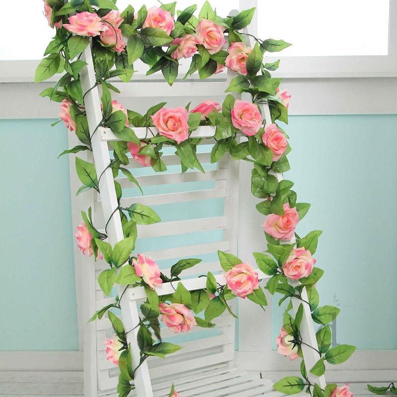 

250cm Fake Silk Roses Ivy Vine Artificial Flowers with Green Leaves For Home Wedding Decoration Hanging Garland Decor, Red