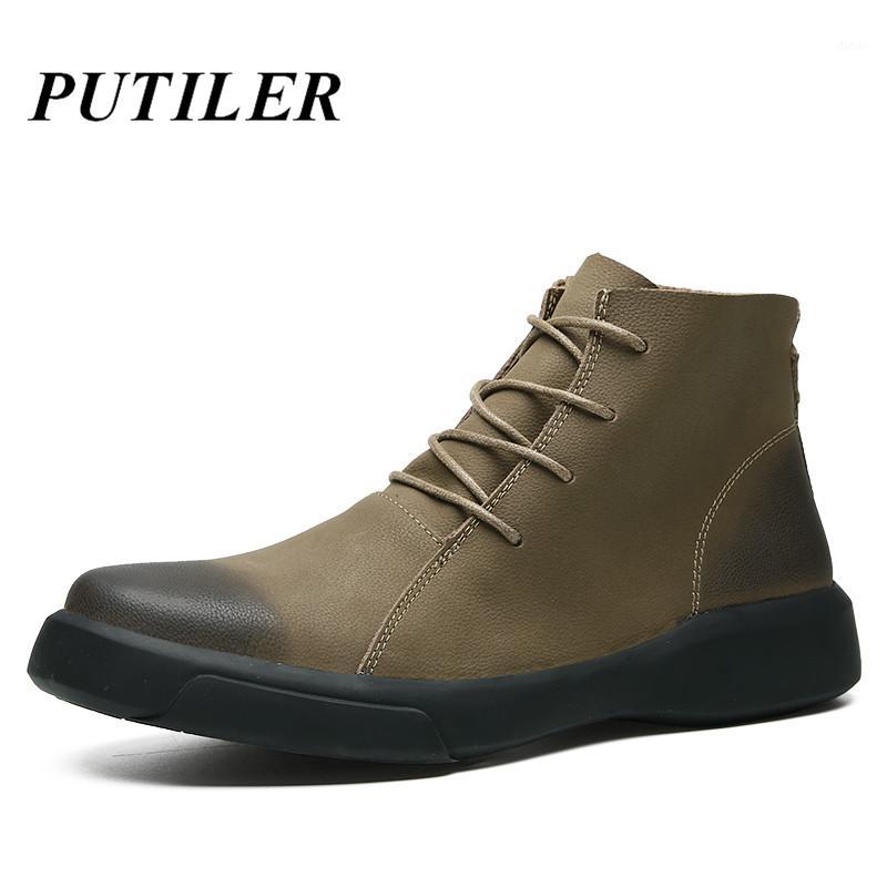 

Winter Men Boots Genuine Leather Ankle Boots Men Western Casual Shoes Waterproof Warm Fur Snow for Botas Green Bot1, Khaki without fur