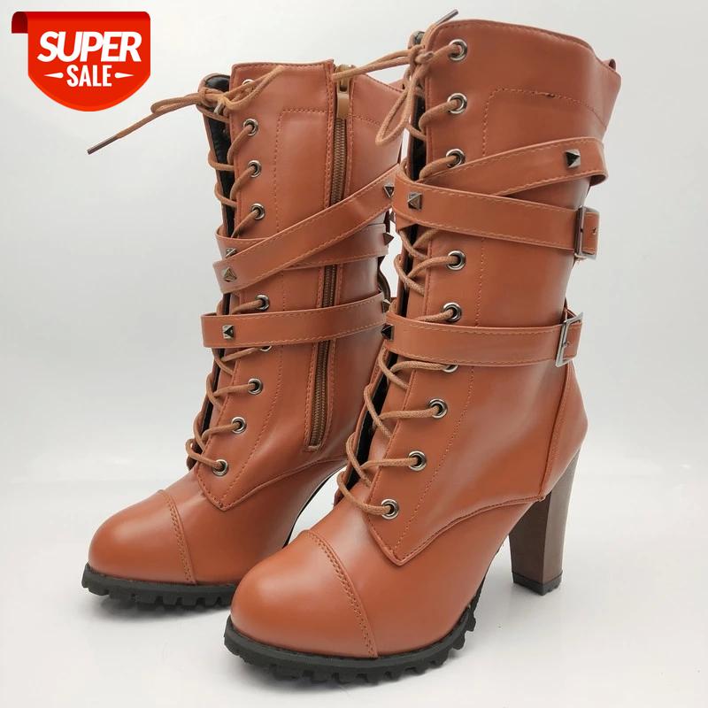 

2020 New Spring High Heel Knight Boots Shallow Mouth Round Toe Mid-Calf women shoes Fashion ladies sexy women boots Pu leather #E46O, Black