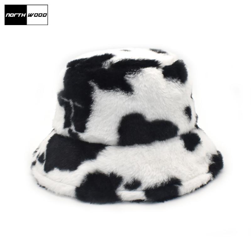 

NORTHWOOD Brand Outdoor Multicolor Rainbow Faux Fur Cow Pattern Bucket Hats Women Winter Soft Warm Gorros Mujer, Black