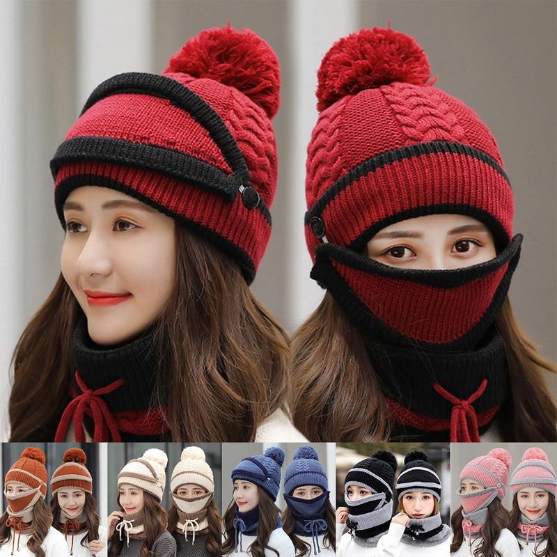 

Winter Cycling Hat Women 3 Piece Warm Wool Beanies Skullies Hats With Mask Collar Bib Female Velvet Thick Anti-Knit Caps
