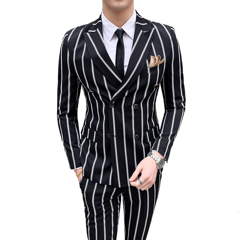 

2021 New Luxury Striped Wedding Casual Tuxedo British Slim 2pcs Men's Quality Business Social Club Suit Costume Homme Uldd, Blue
