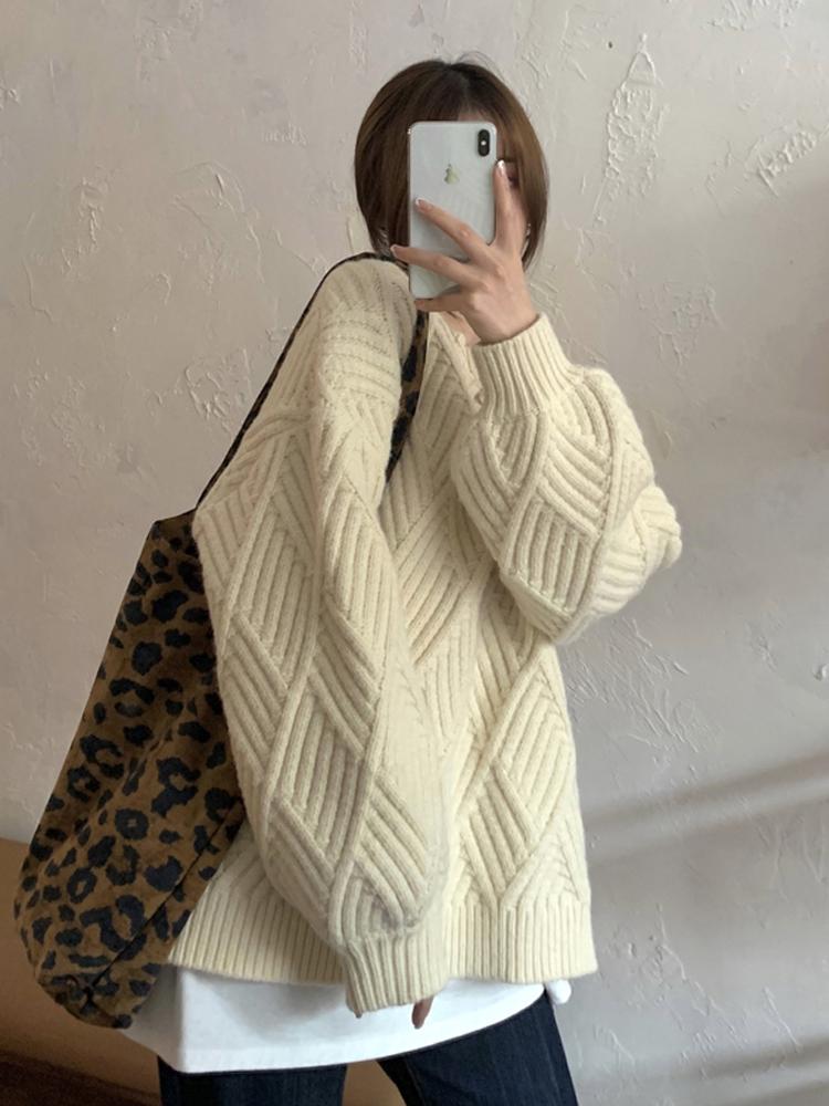 

Loose And Lazy Lingge Sweater Women' Autumn And Winter New Japanese Gentle Style Thickened Pullover Knitted Top, Beige