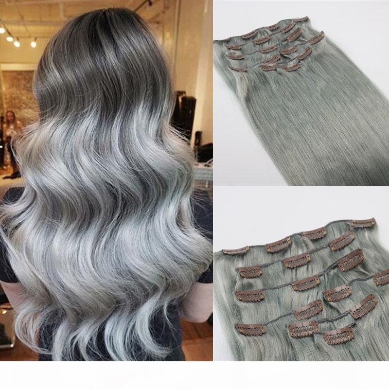 

Human Hair Extensions Grey Brazilian Virgin Hair Extensions Clip In Silver Gray Best Seller DHL Fast Shipping
