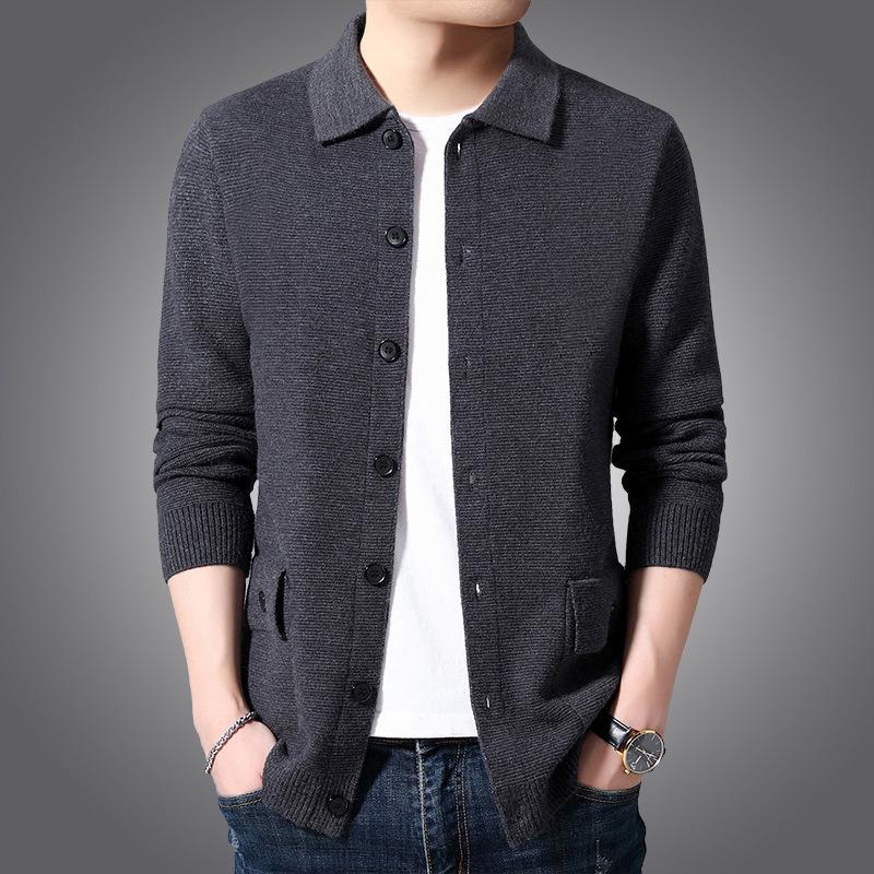 

Autumn Winter Coats Men Casual Solid Color Turn-down Collar Knitted Single-breasted Rib Sleeve Wild Male Fashion Tide Jackets, Black