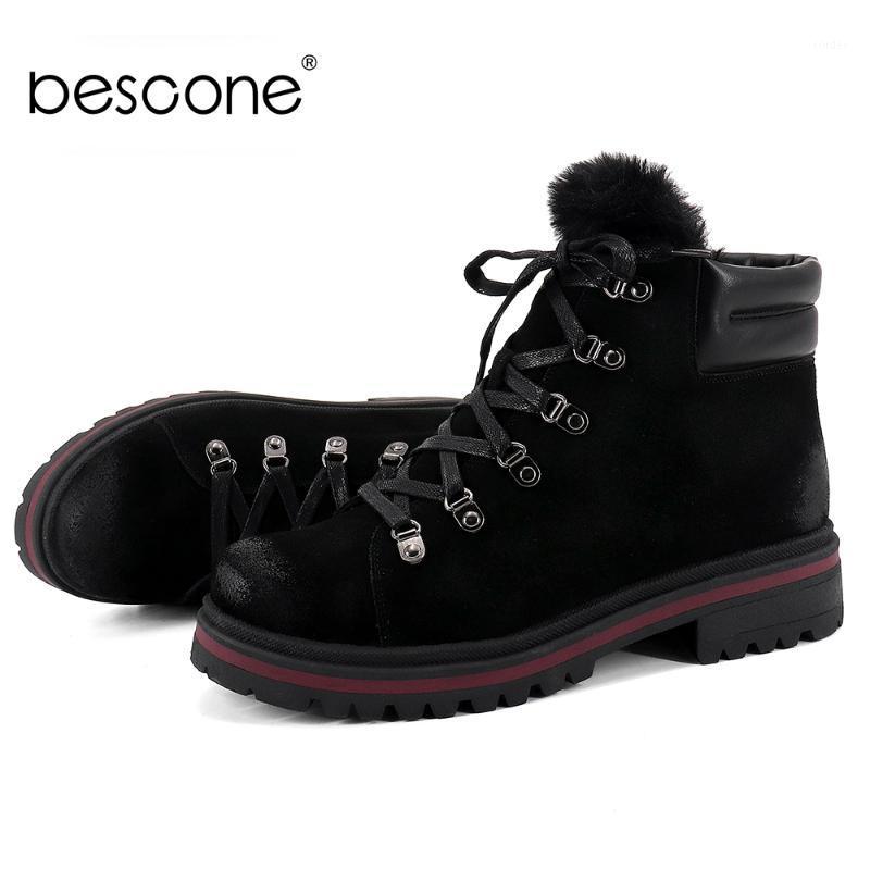 

BESCONE Fashion Women Boots Casual Lace-Up Handmade 4 cm Med Heel Shoes Winter Round Toe Outside Square Heel Ladies Boots BC2611, Black