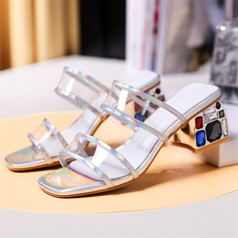 

Slippers Crutch Women's Crystal Genuine Transparent Leather 2020 New Pad Sexy Silver Heels Tpr Ladies Party Shoes Ai4a, Silver five-inch heel.