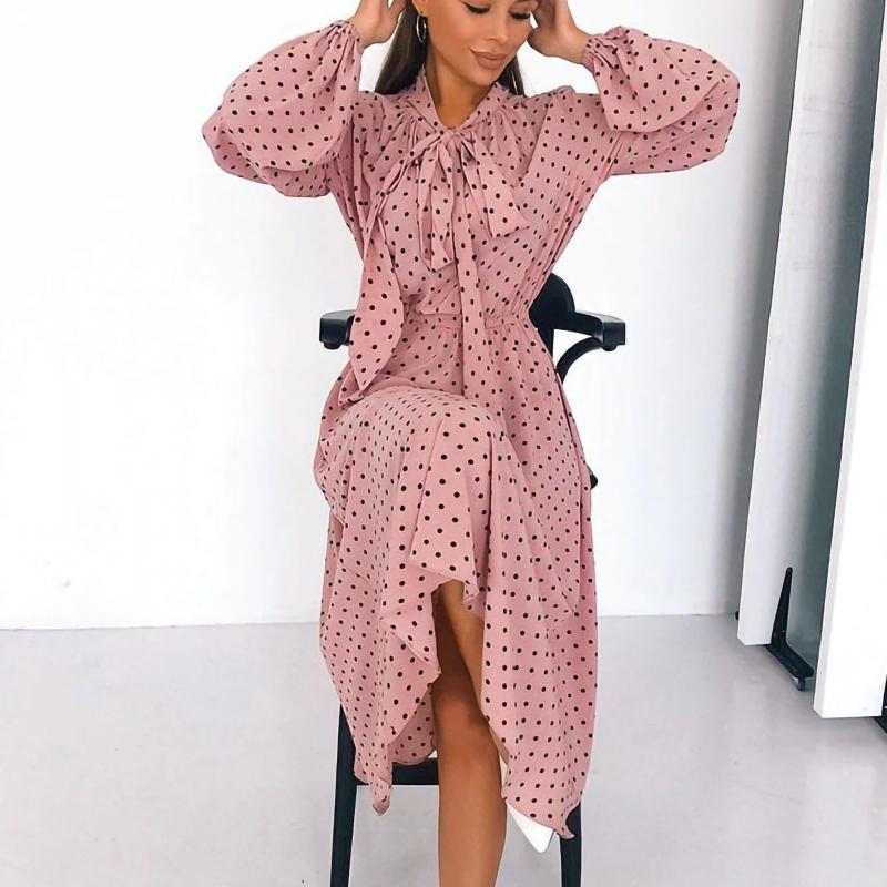 

Fashion V-neck Long Sleeve Loose Dress Women 2020 Autumn Winter Polka Dot Pink Boho Elegant Leisure Woman Dresses Robe Femme, Black