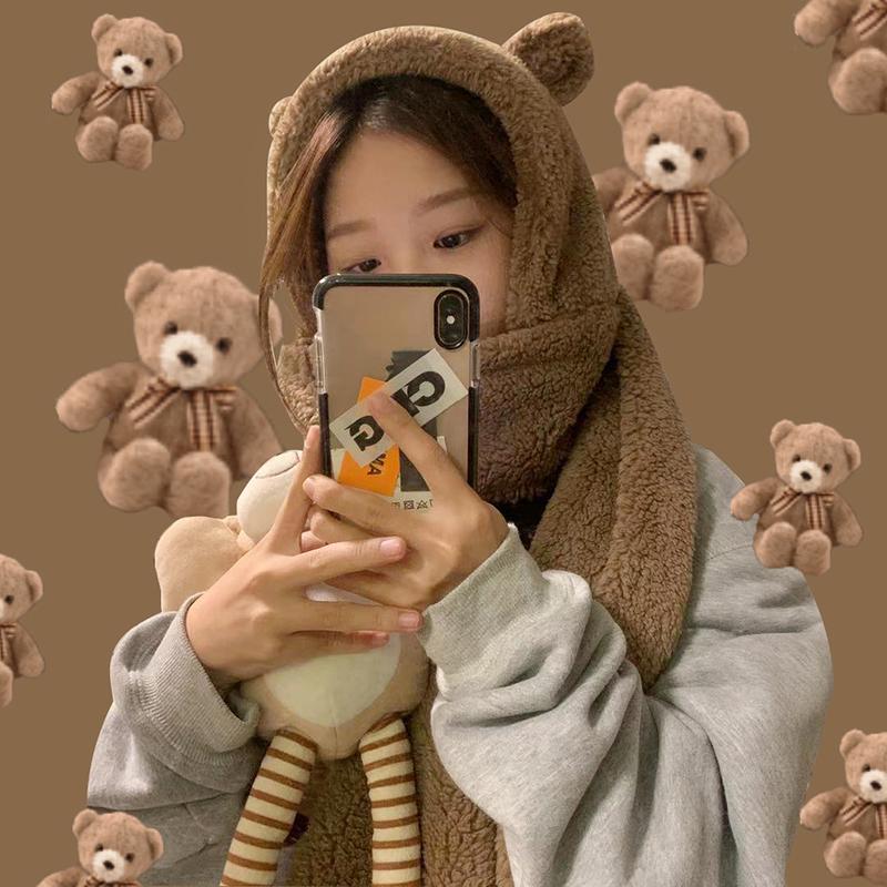 

Dolphin Women Winter Warm Hat Scarf Jennie Same Paragraph Faux Fur Cute Bear Ear Head Hat Chocolate Girl Plush Hooded scarf