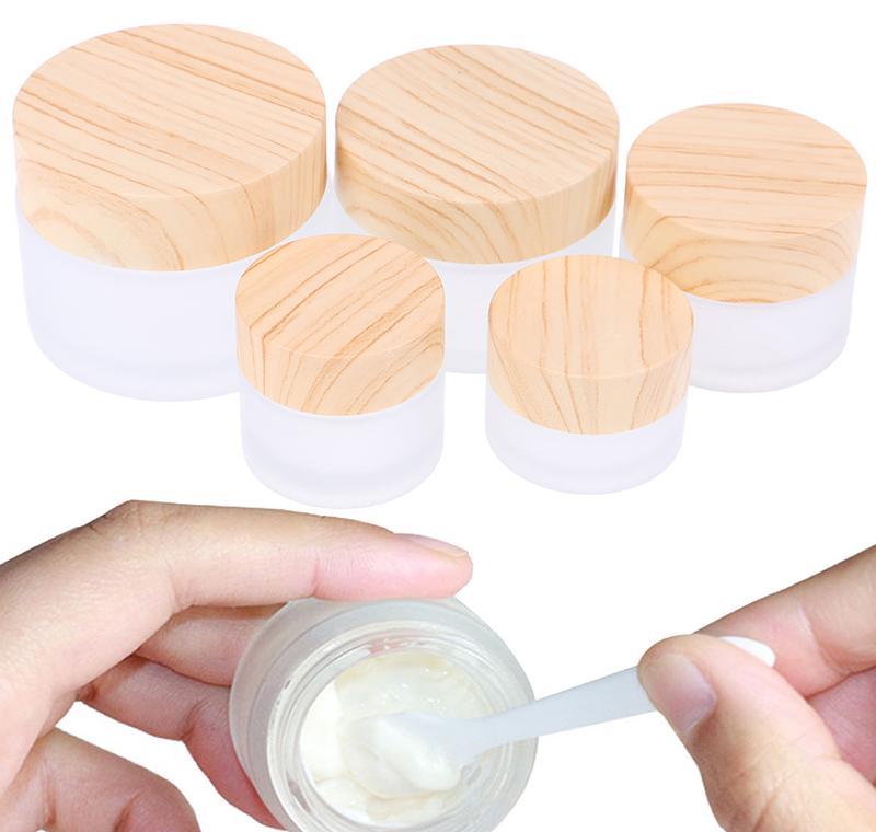 

frosted glass jar skin care eye cream jars pot refillable bottle cosmetic container with wood grain lid 5g 10g 15g 30g 50g, As picture