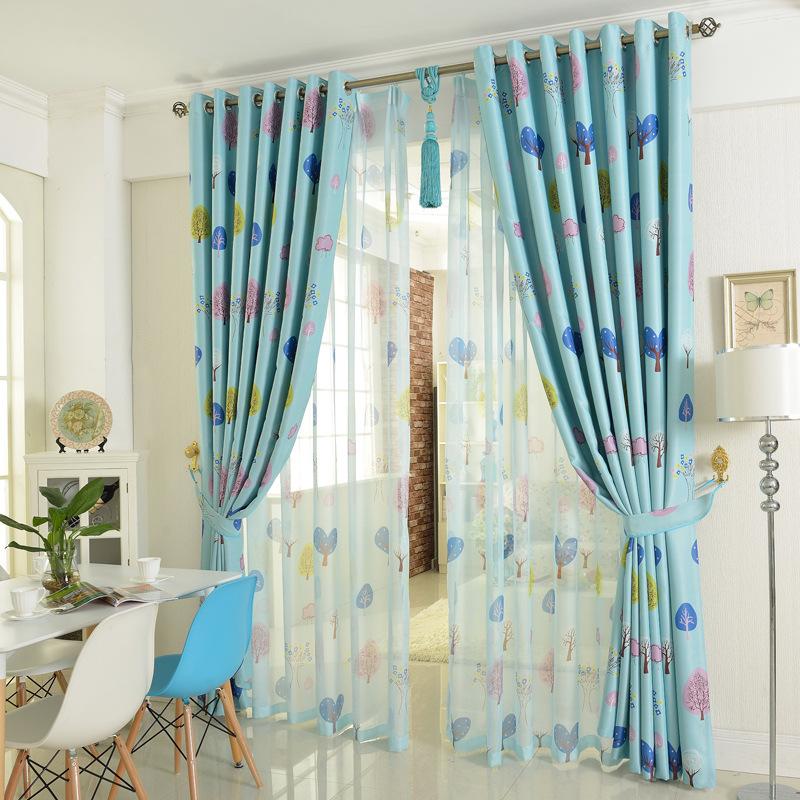 

Korean Fresh Style Wish Trees Printed Children Curtain Polyester Blackout Cloth Curtain for Child Bedroom, Blue tulle