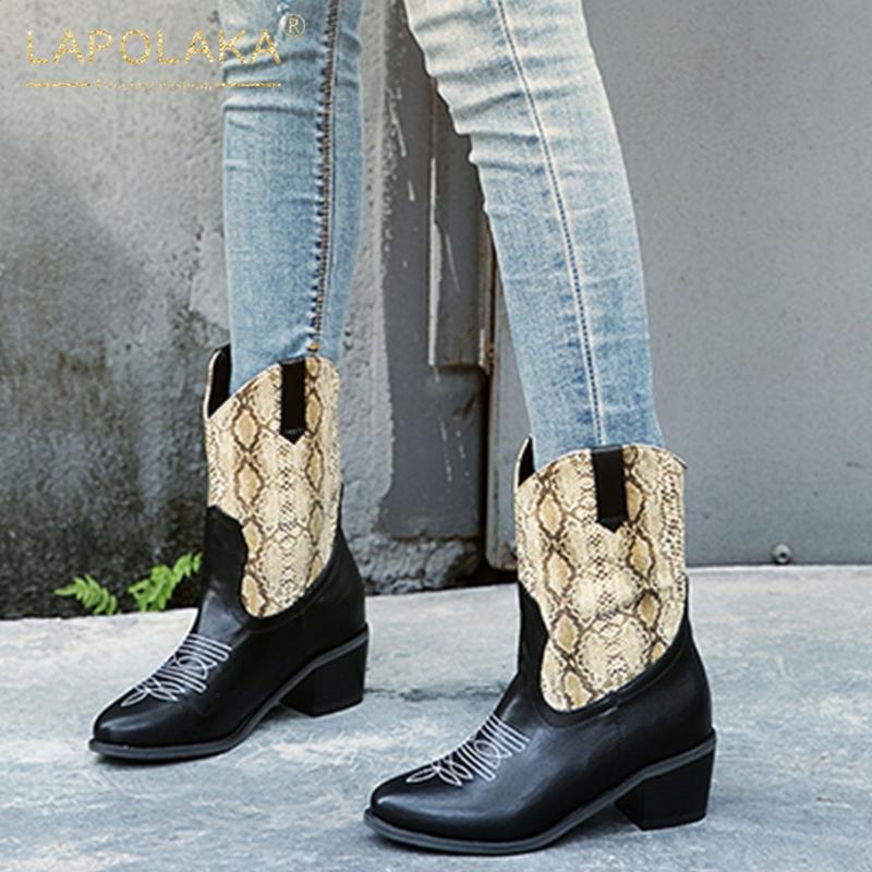 

Lapolaka 2020 New Arrivals Plus Size 49 Western Boots Woman Shoes Mix Color Thick Heels Comfy Slip-On Spring Autumn Boots, Black