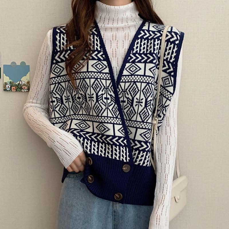 

Fashion Retro Print Sweater Vest Woman Loose Sleeveless V-neck Knitted Sweaters Vests Women's Clothing, Khaki