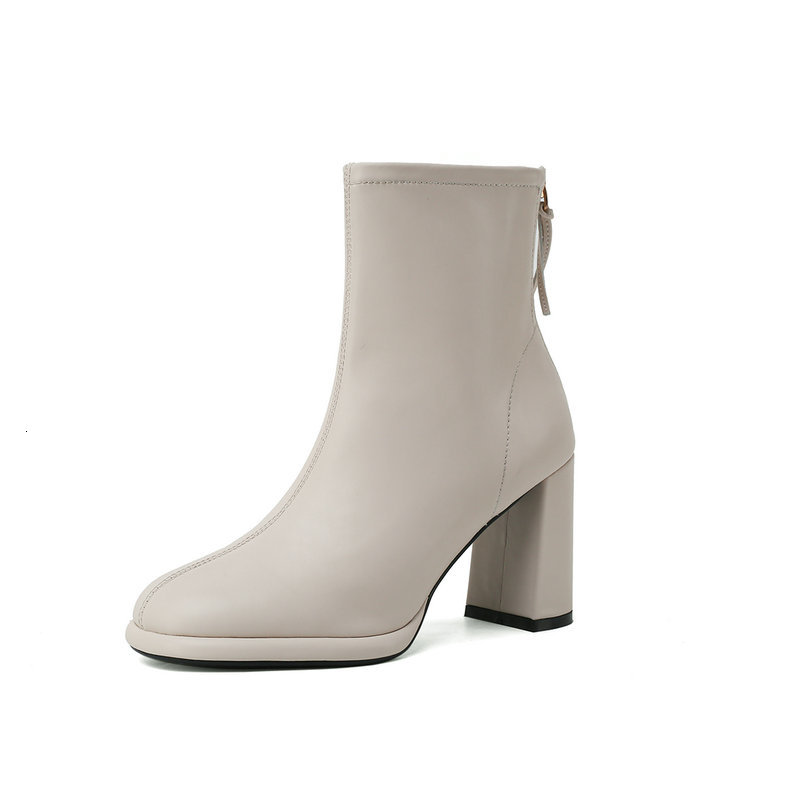 

2021 New Genuine Leather Boots Woman Women Autumn Winter Ankle High Heeled Casual Office Ladies Shoes Ppl4, Beige