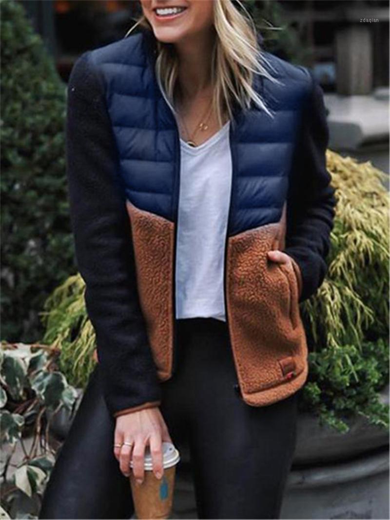 

Jacket Women Contrast Color Patchwork Stand Collar Plush Coat Casual Slim Plus Size Clothing1, Blue