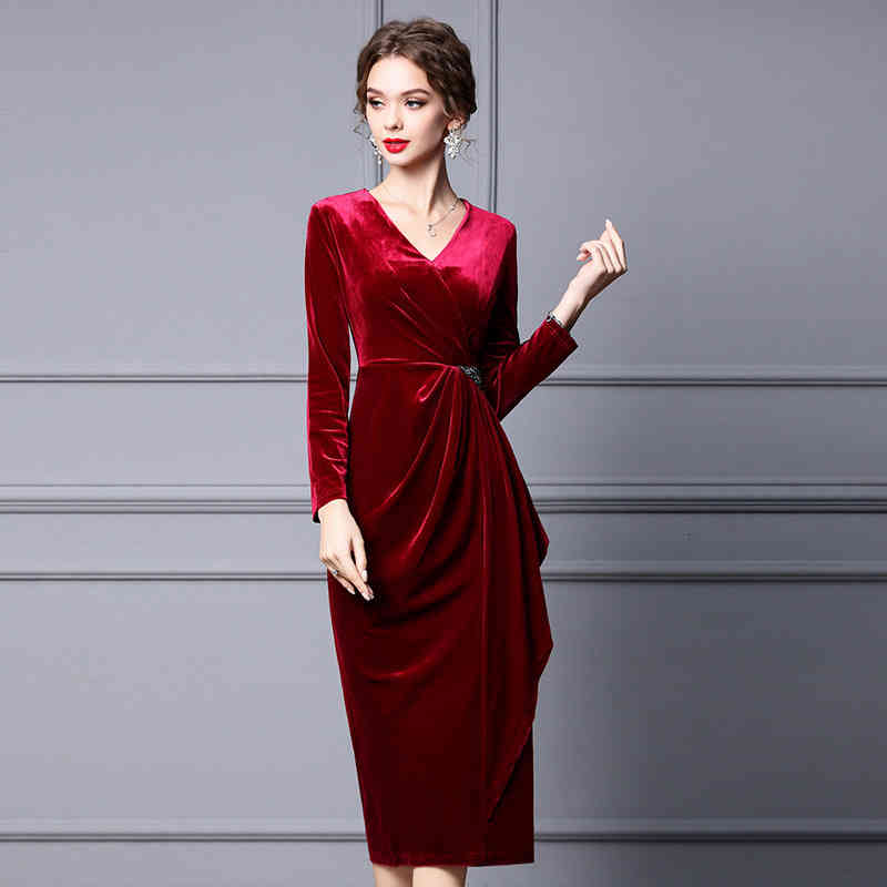 

Casual Dresses Zhili long dress golden velvet Ruffle V-neck autumn waist closing slim sleeve inner skirt JHEG, Wine