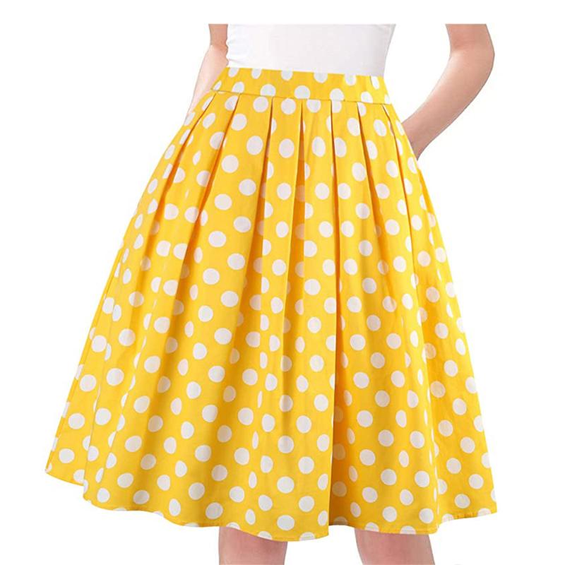 

50s 60s Black Polk Dots Retro Vintage Skirt Cotton SS0012 Plus Size Pockets Rose Pink Red Midi Length Women Skirts Jurke, White dots