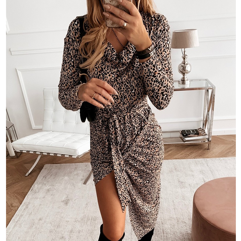 

2021 New Women Leopard Print Irregular Autumn Long Sleeve Lace Up Bodycon Turtleneck Female Winter Sexy Club Party Vestidos I9mr