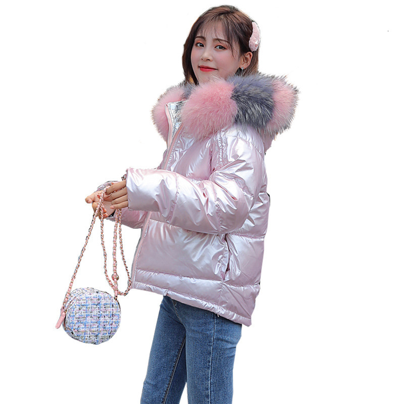 

2021 Glossy Down Cotton Jacket New Female Short Fur Collar Ladies Winter Coat Loose Keep Warm Women Parkas Bread Service A160 1x0b, Silver