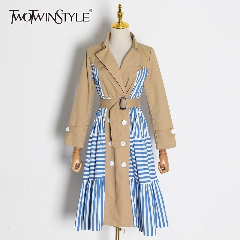 

TWOTWINSTYLE Casual Patchwork Striped Trench Coat Female Lapel Collar Long Sleeve High Waist Lace Up Windbreaker Women Tide 201120, Khaki