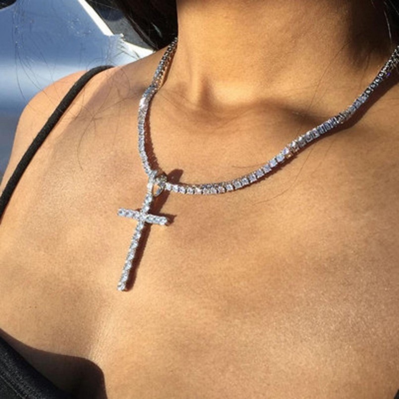 

Iced Out Cross Pendant Necklace Gold Silver Tennis Chain Mens Womens Hip Hop Necklaces Jewelry