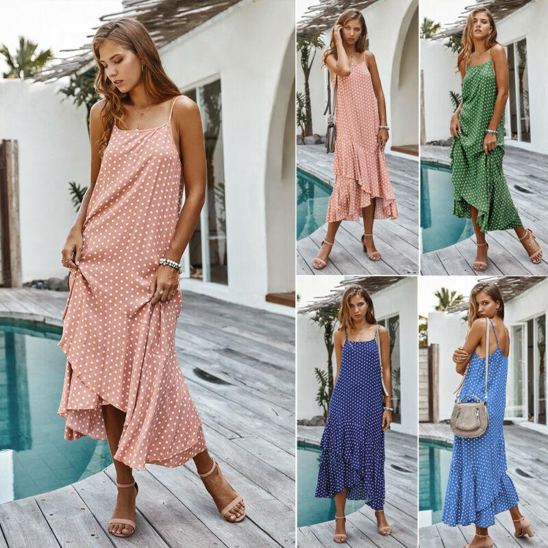 

Women Lady Maxi Dress Holiday irregular Sundress Strappy Polka Dot Summer Beach