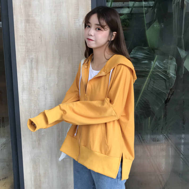 

2021 New Female Spring with Hood Section Solid Jacket Division Shirt Student Tide LKOQ, Orange.