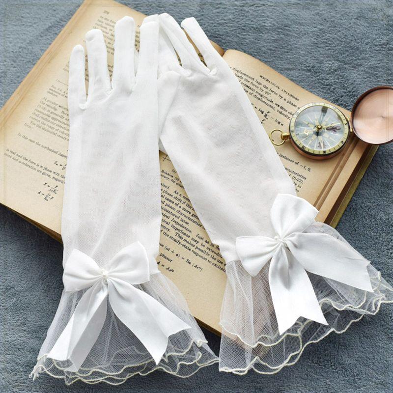 

Wedding Bridal Sheer Mesh Thin Short Gloves Satin Bowknot Wavy Ruffles Mittens